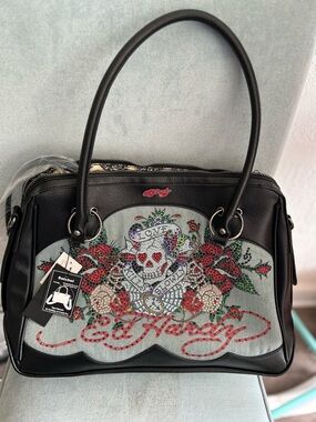 Ed Hardy Embellished Crossbody Large Black Sachel Price is FIRM